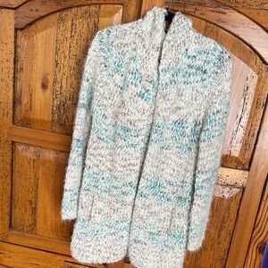 Woven Heart Women's Cardigan in Cream and Blue with HOOD & 2POCKETS